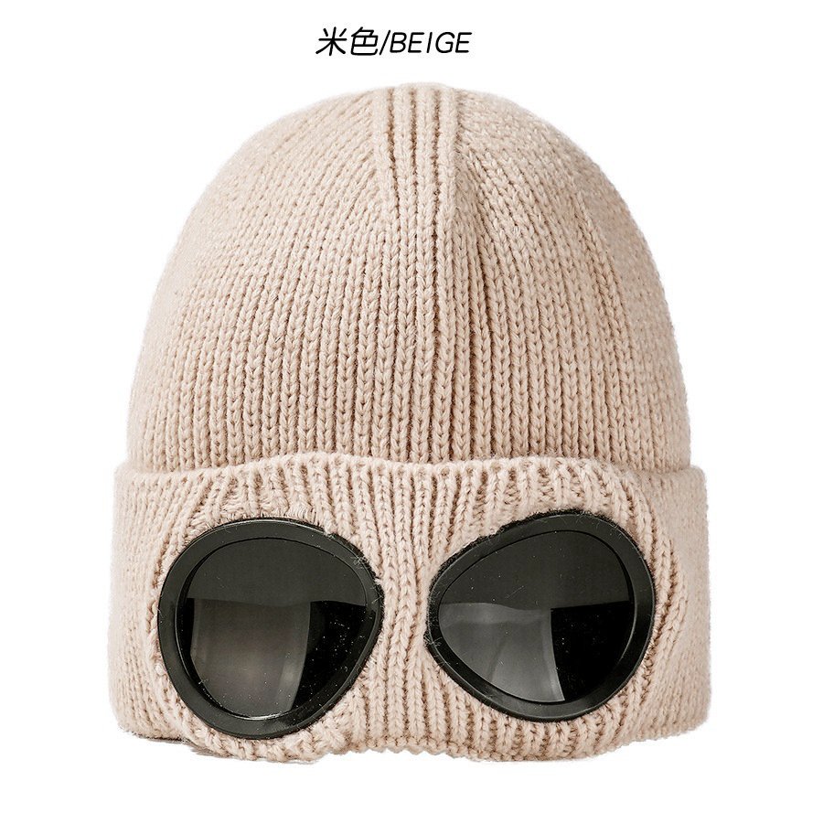 Autumn And Winter Men's And Women's Windproof Glasses, Plush Skiing Knitted Hats Warm Woolen Hats (Beige)