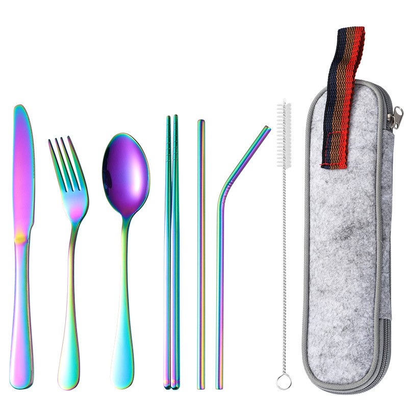 Portable Stainless Steel Tableware Seven Piece Set, Knives, Forks, Spoons, Straws, Chopsticks, Outdoor Travel Set