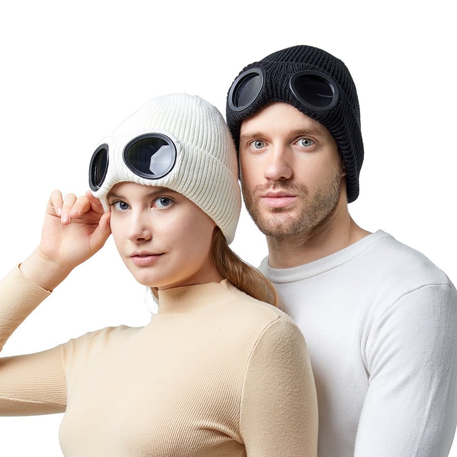 Autumn And Winter Men's And Women's Windproof Glasses, Plush Skiing Knitted Hats Warm Woolen Hats (Beige)