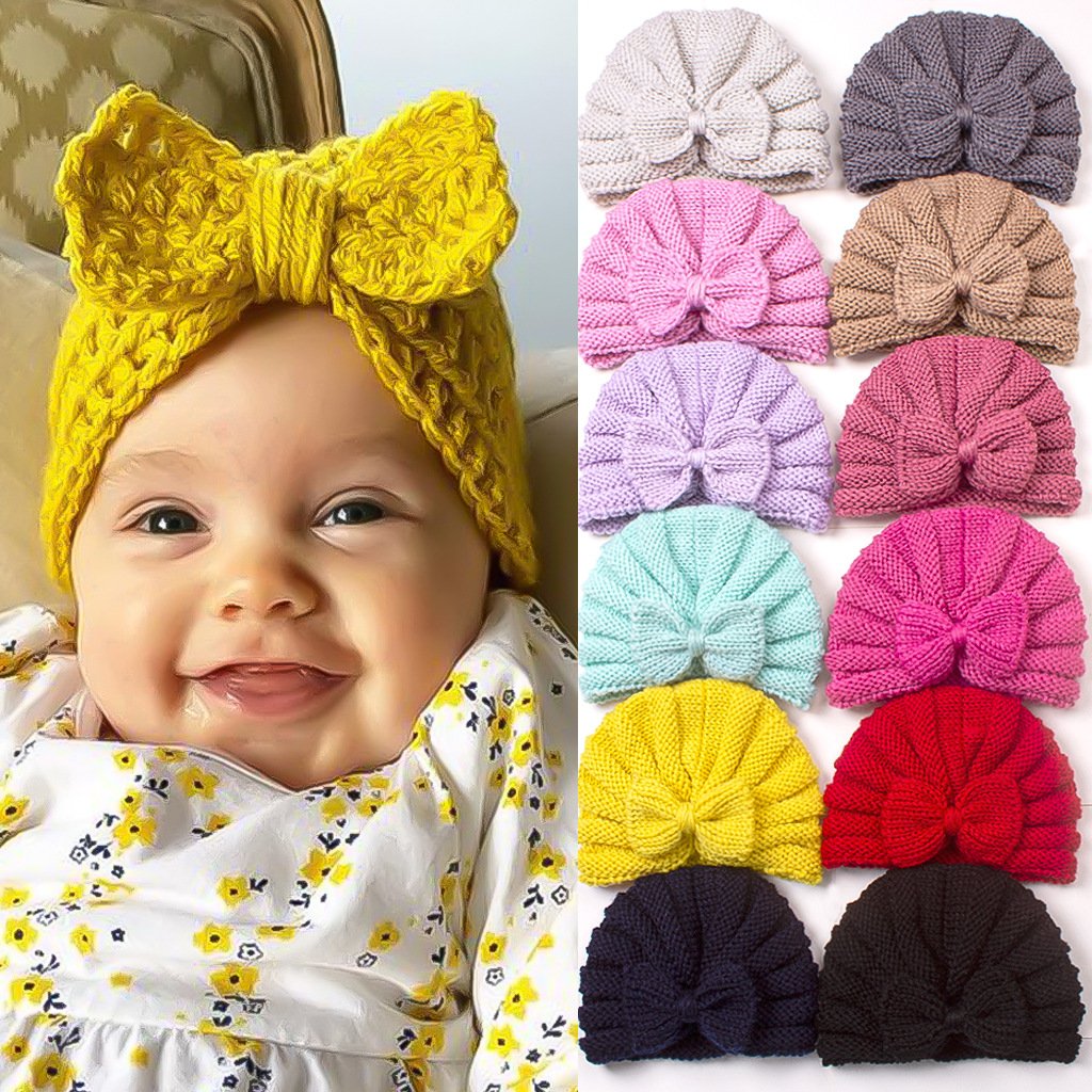 Baby Bow Hat Children's Knitted Warm Woolen Hat Baby Hat (Yellow)