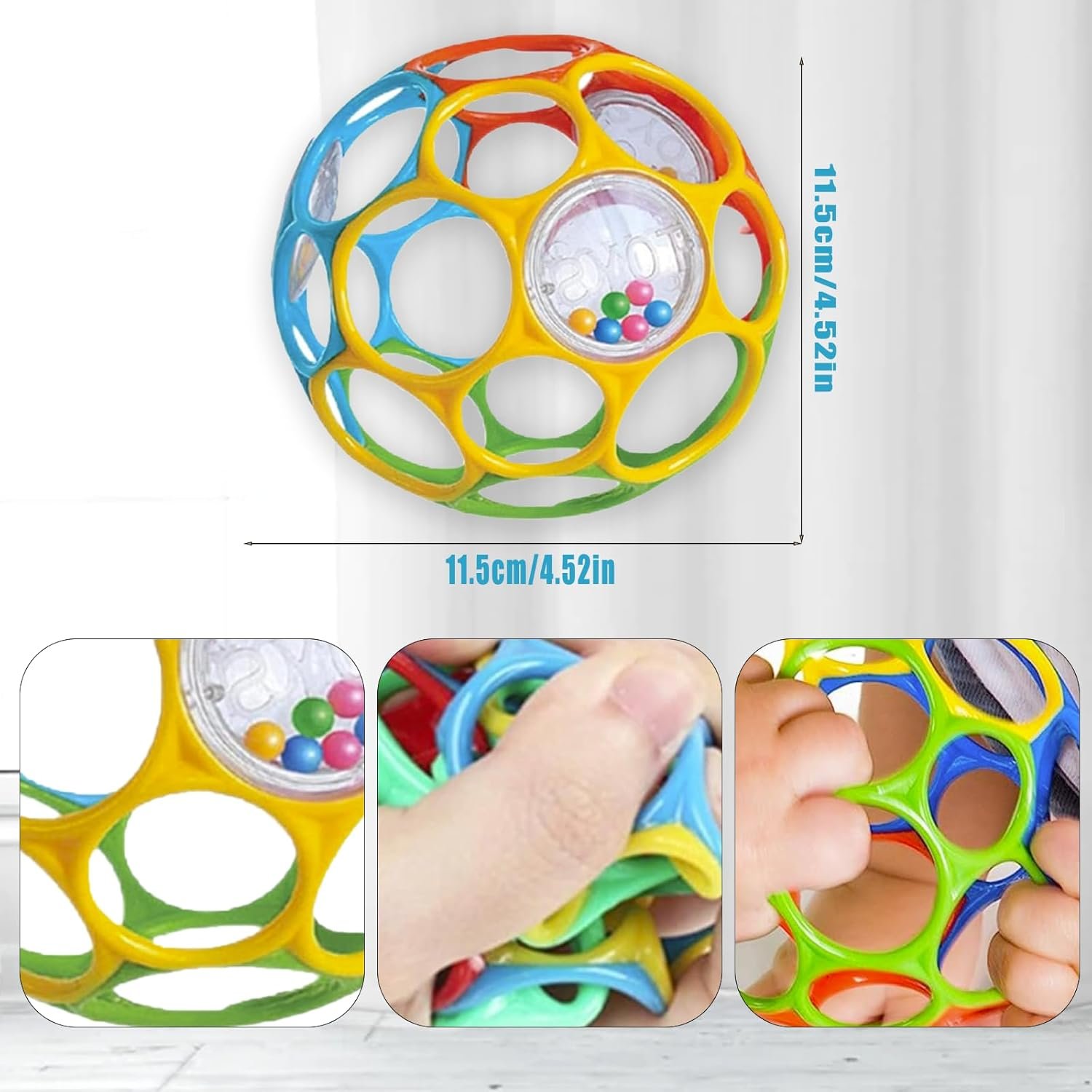 Grab Ball for Babies, Oball Classic with Large Hole, Children's Grip Play Ball with Bell Ball, BPA-Free, Oball Classic Ball for Babies, Toddlers, for Early Educational Learning