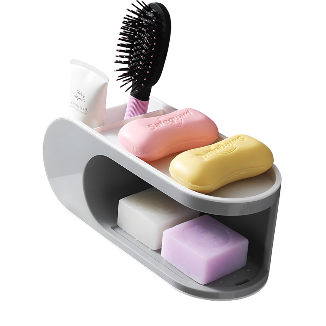 Double Layered Soap Box Storage Rack With No Punching (Grey)