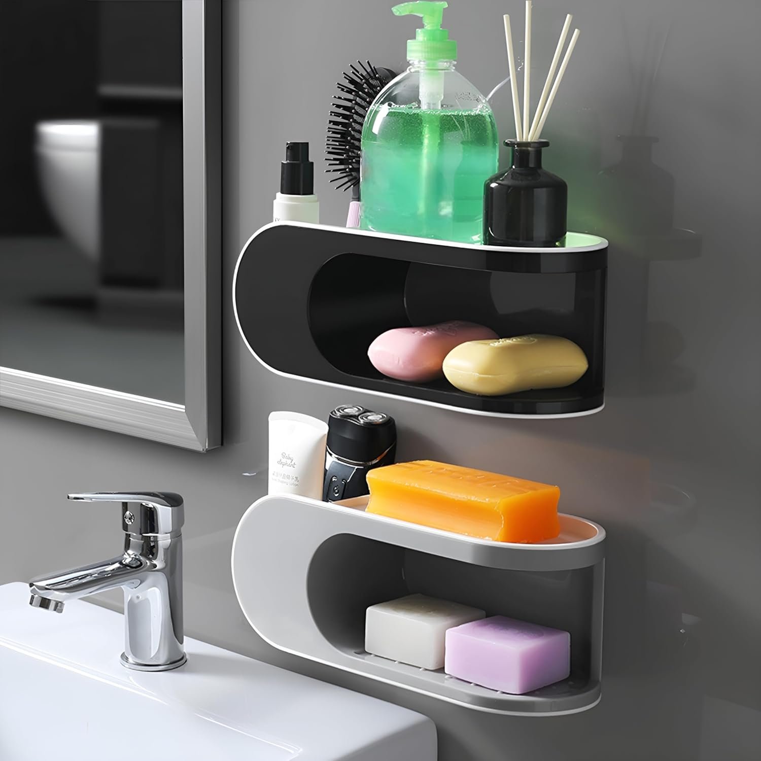 Double Layered Soap Box Storage Rack With No Punching (Black)